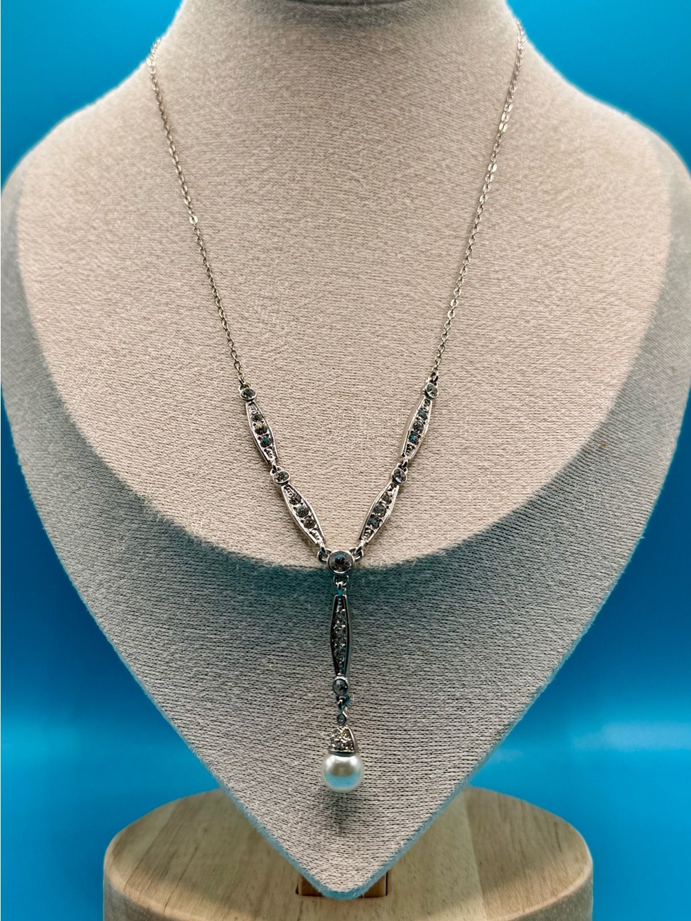 Edwardian Inspired Sterling Silver Pearl Drop and Rhinestone Necklace